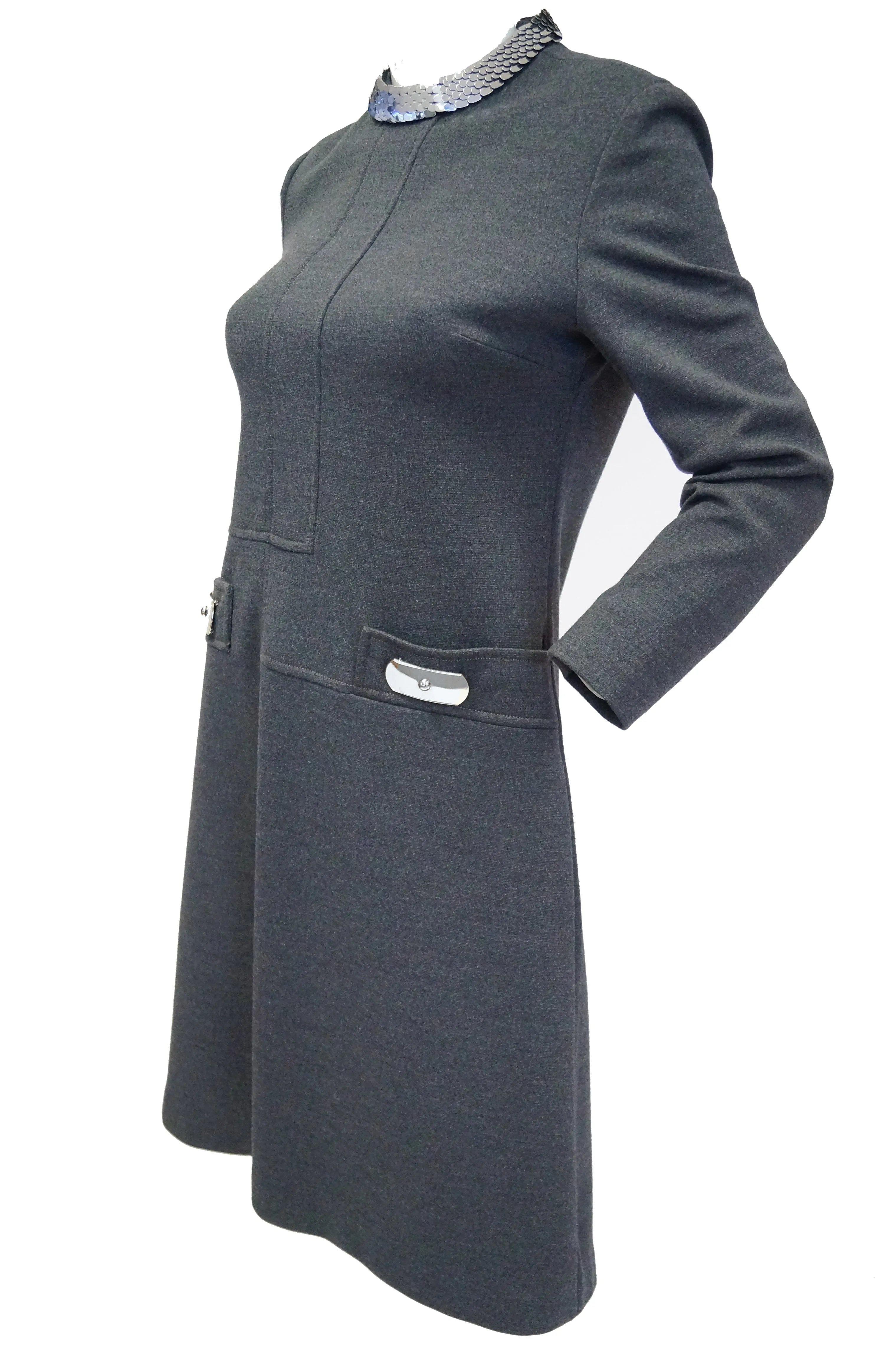 1970s Geoffrey Beene Space Gray Shift Dress with Metallic Details