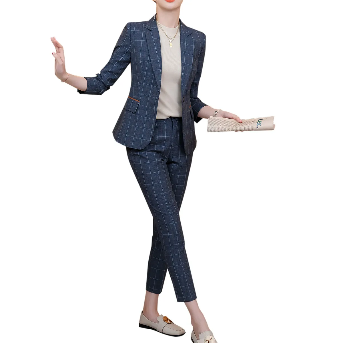 2 Pieces Women Suit Blazer And Pants Set Elegant Office Lady Summer Long Sleeve One Button Slim Plaid Fashion Business