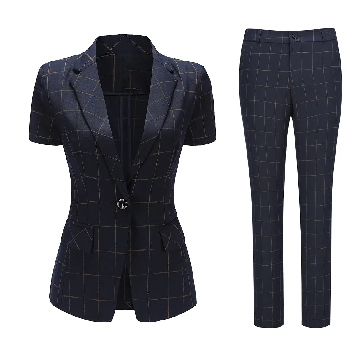 2 Pieces Women Suits Elegant Blazer Jacket Pants Suit Summer Short Sleeve Slim Plaid Set Office Lady Business Suit