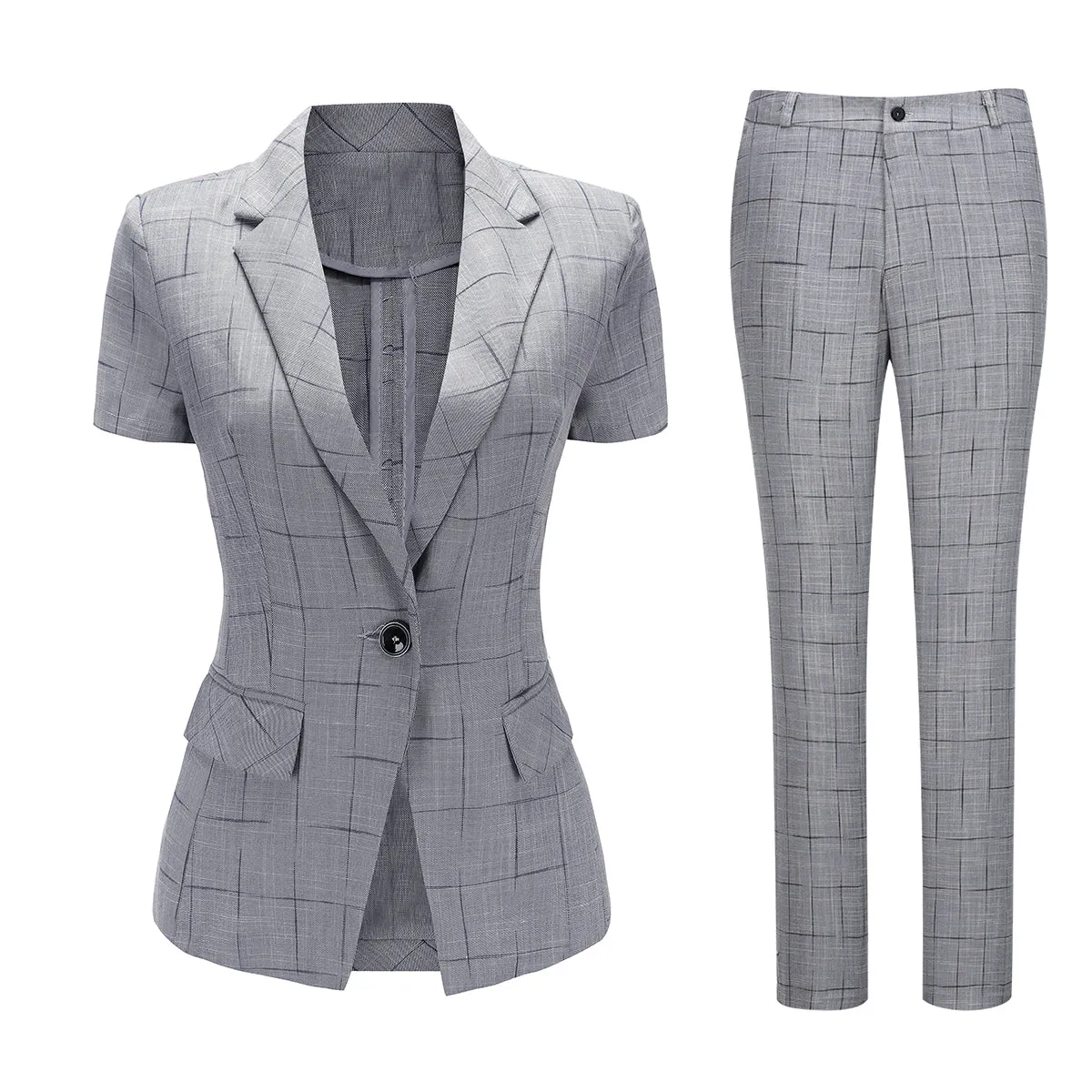 2 Pieces Women Suits Elegant Blazer Jacket Pants Suit Summer Short Sleeve Slim Plaid Set Office Lady Business Suit