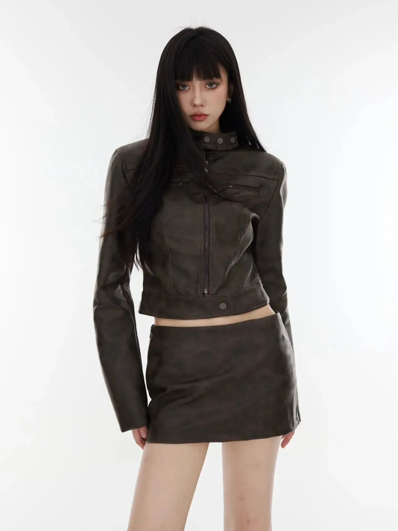 【23s August.】Punk Leather Jacket Low Waist Skirt