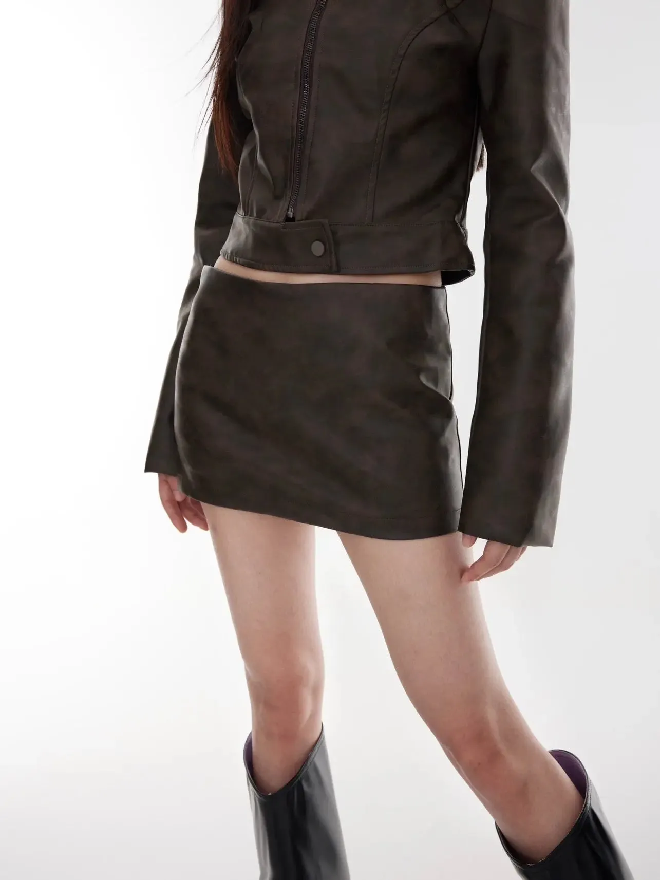 【23s August.】Punk Leather Jacket Low Waist Skirt