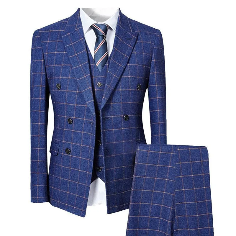 3 Pcs Men Dress Suit Retro Plaid Double Breasted Slim Fit Suits Set Business Casual Wedding Dating Jacket   Vest   Pant