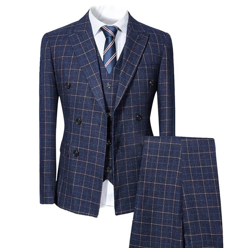 3 Pcs Men Dress Suit Retro Plaid Double Breasted Slim Fit Suits Set Business Casual Wedding Dating Jacket   Vest   Pant