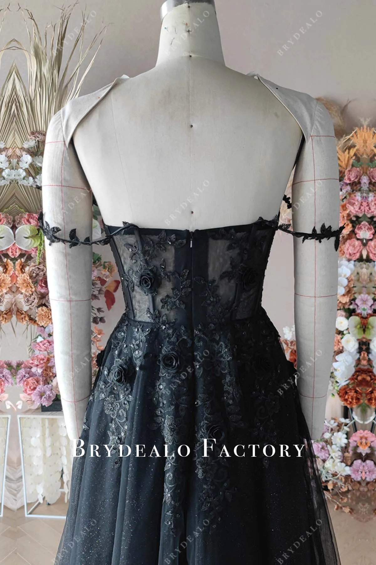 3D Flower Lace Gothic Black Off Shoulder Corset Bridal Gown