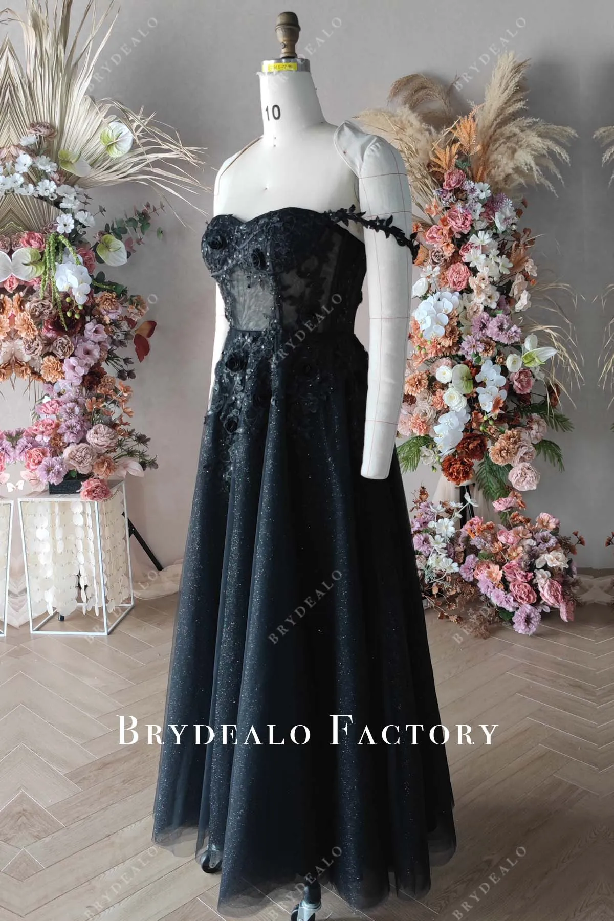 3D Flower Lace Gothic Black Off Shoulder Corset Bridal Gown