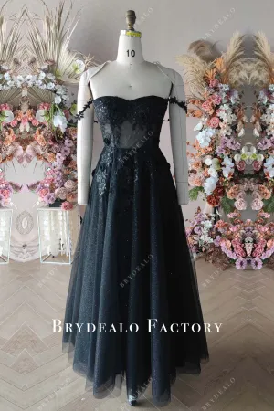 3D Flower Lace Gothic Black Off Shoulder Corset Bridal Gown