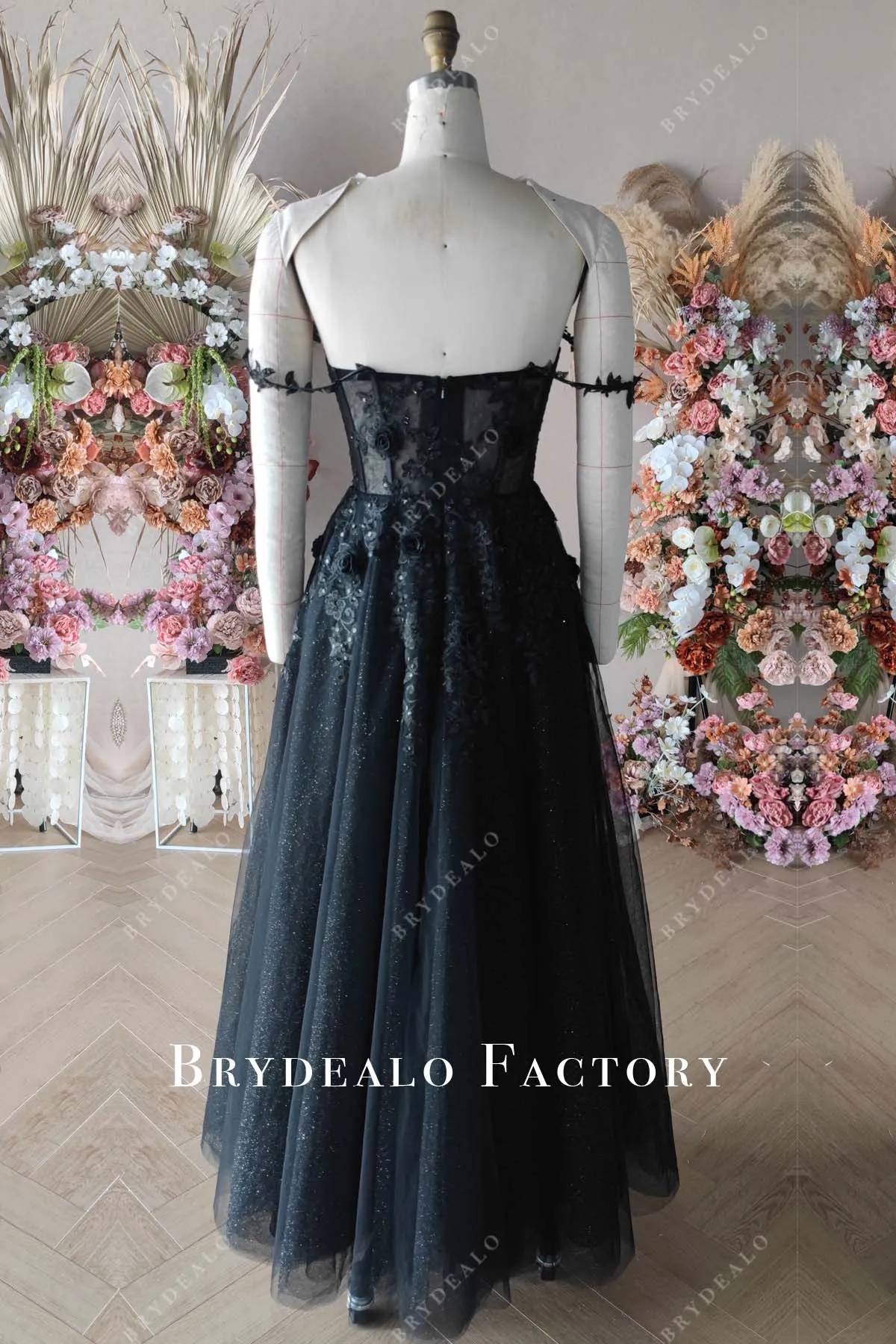 3D Flower Lace Gothic Black Off Shoulder Corset Bridal Gown