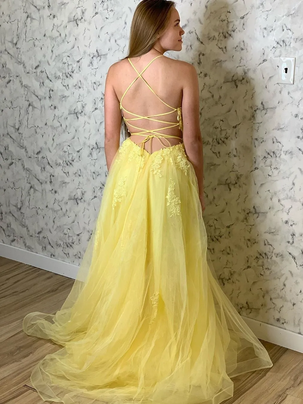 A Line Backless Tulle Long Lace Appliques Yellow Prom, Backless Yellow Lace Formal, Lace Yellow Evening