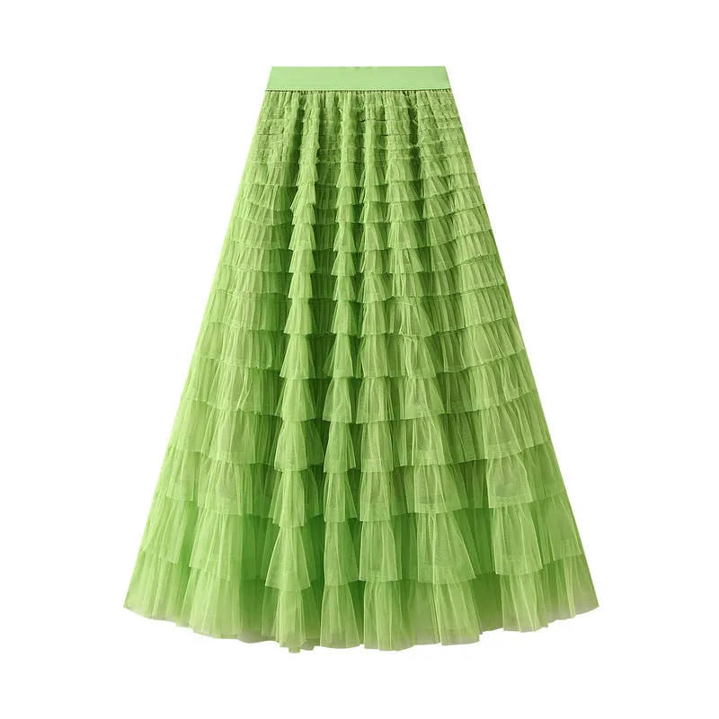 A-Line Mesh Ruffle Skirt Women's Temperament Sweet Long Skirt Slim Cupcake Dress Womens Clothing