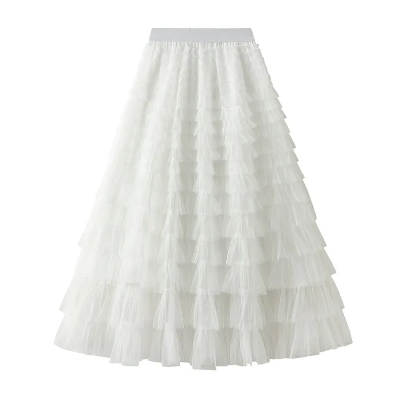 A-Line Mesh Ruffle Skirt Women's Temperament Sweet Long Skirt Slim Cupcake Dress Womens Clothing