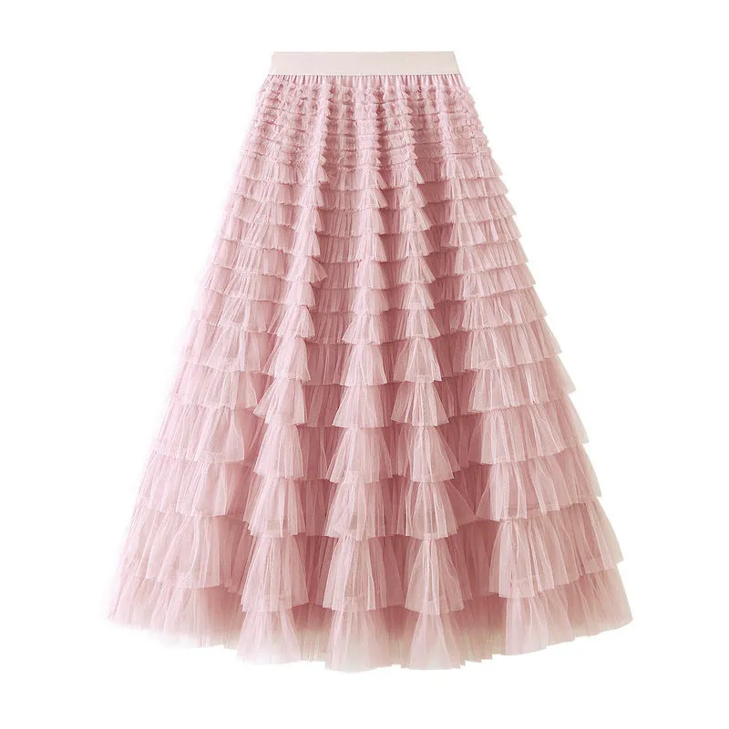 A-Line Mesh Ruffle Skirt Women's Temperament Sweet Long Skirt Slim Cupcake Dress Womens Clothing