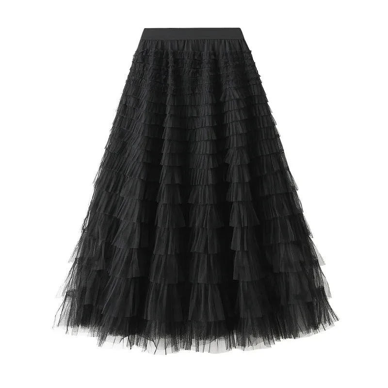 A-Line Mesh Ruffle Skirt Women's Temperament Sweet Long Skirt Slim Cupcake Dress Womens Clothing