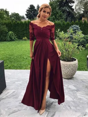 A Line Off Shoulder Half Sleeves Lace Maroon Prom with Slit, Off The Shoulder Burgundy Formal, Evening