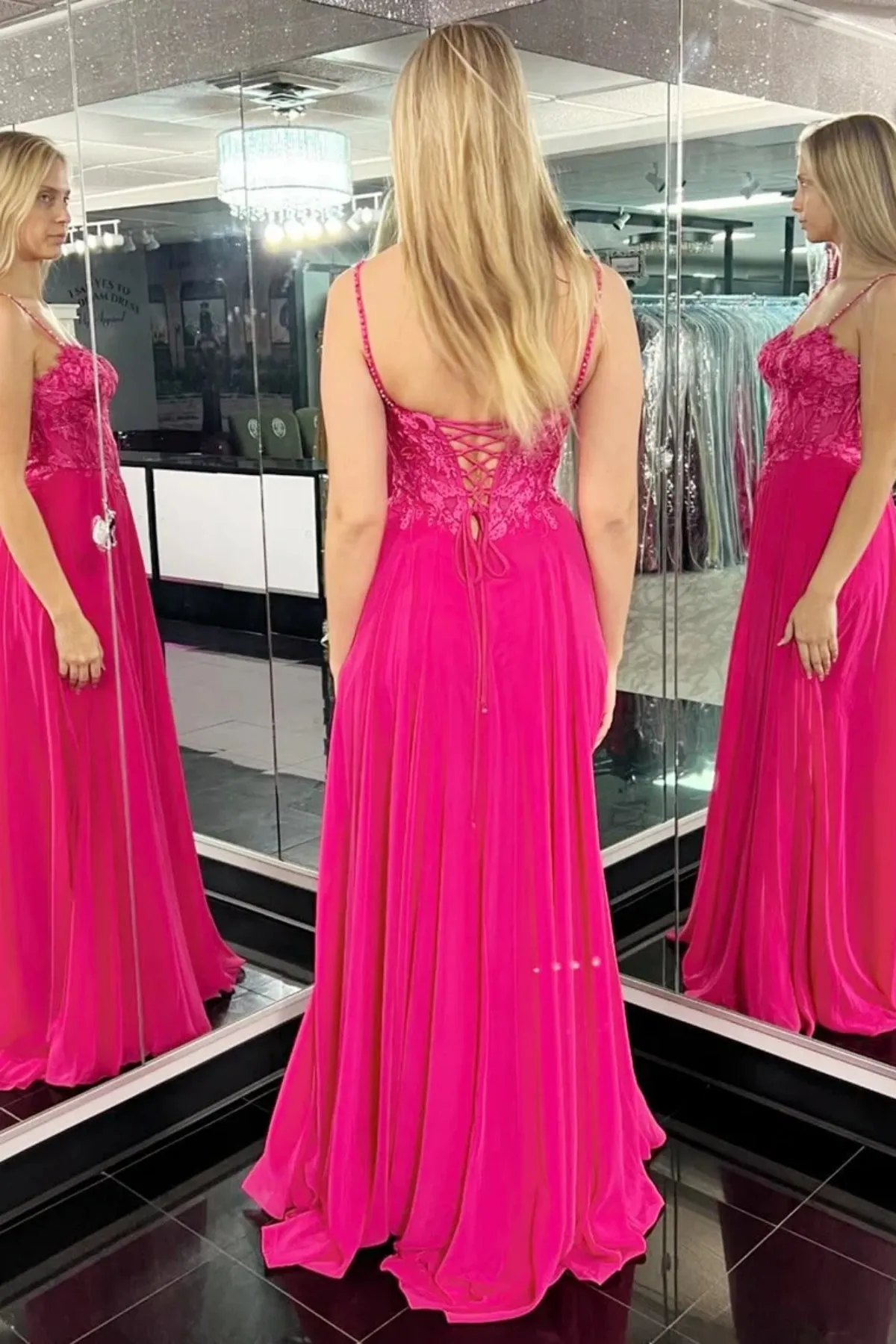 A Line Spaghetti Straps Sweetheart Neck Magenta Lace Long Prom Dress, Long Magenta Formal Graduation Evening Dress A2092