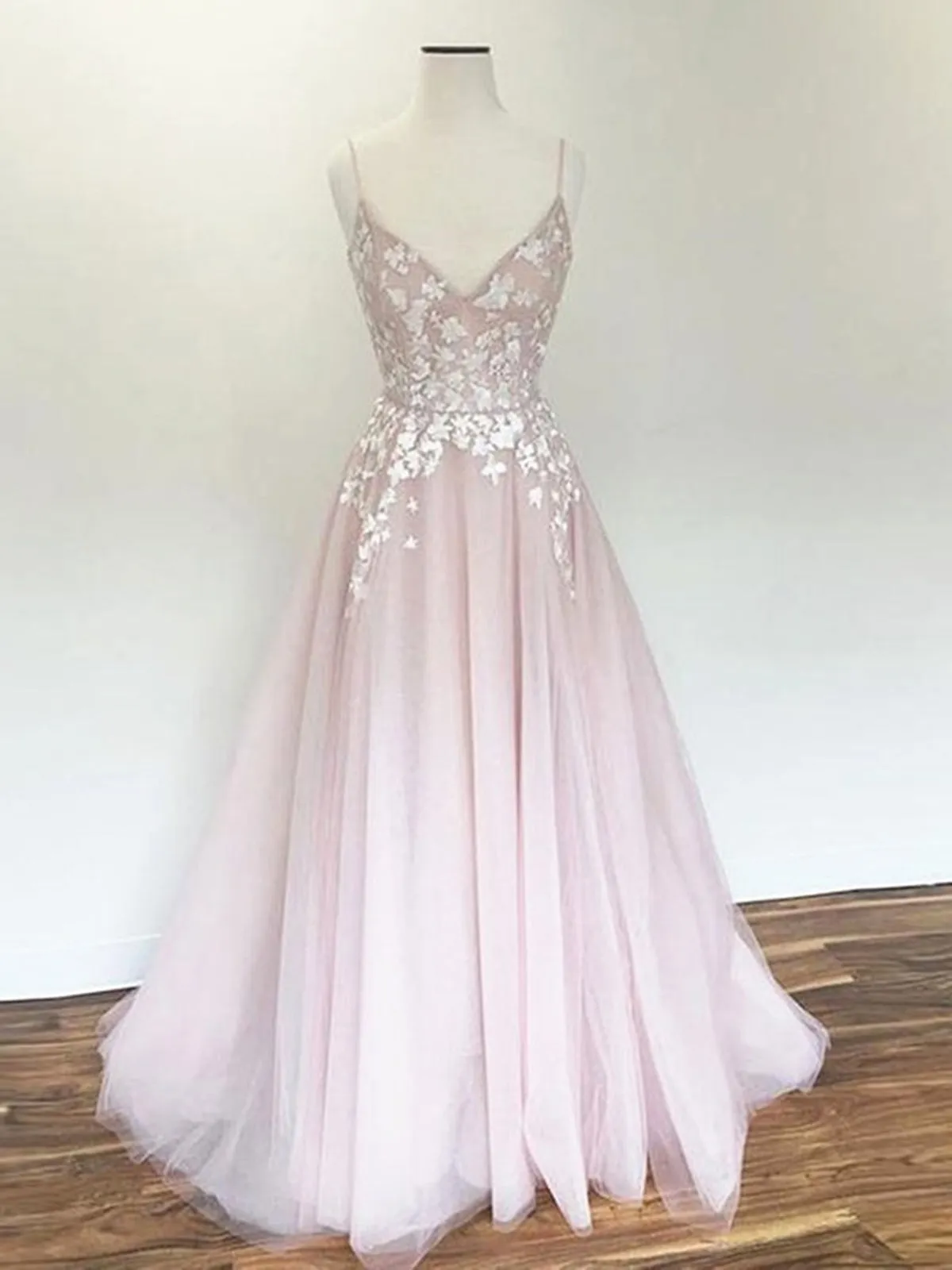 A Line V Neck Pink Lace Long Prom, Pink Long Lace Floral Formal Evening