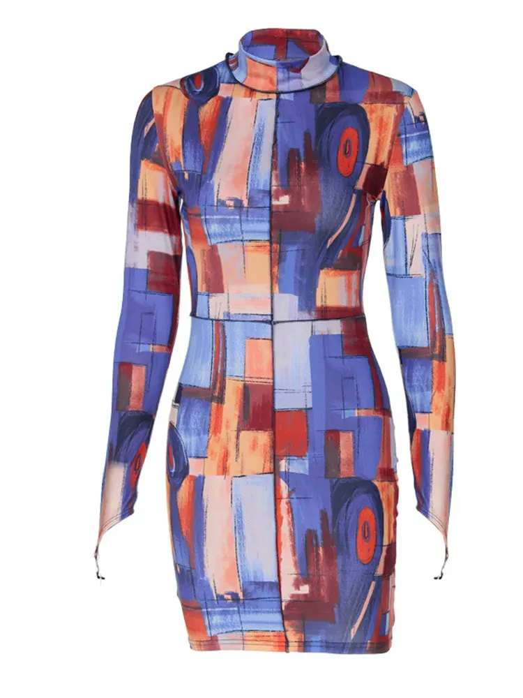 A&A Abstract High Neck Bodycon Print Long Sleeve Mini Dress