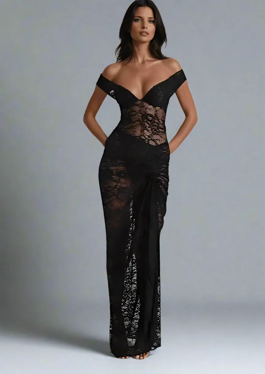 A&A Miranda Lace Sheer Off Shoulder Maxi Split Dress