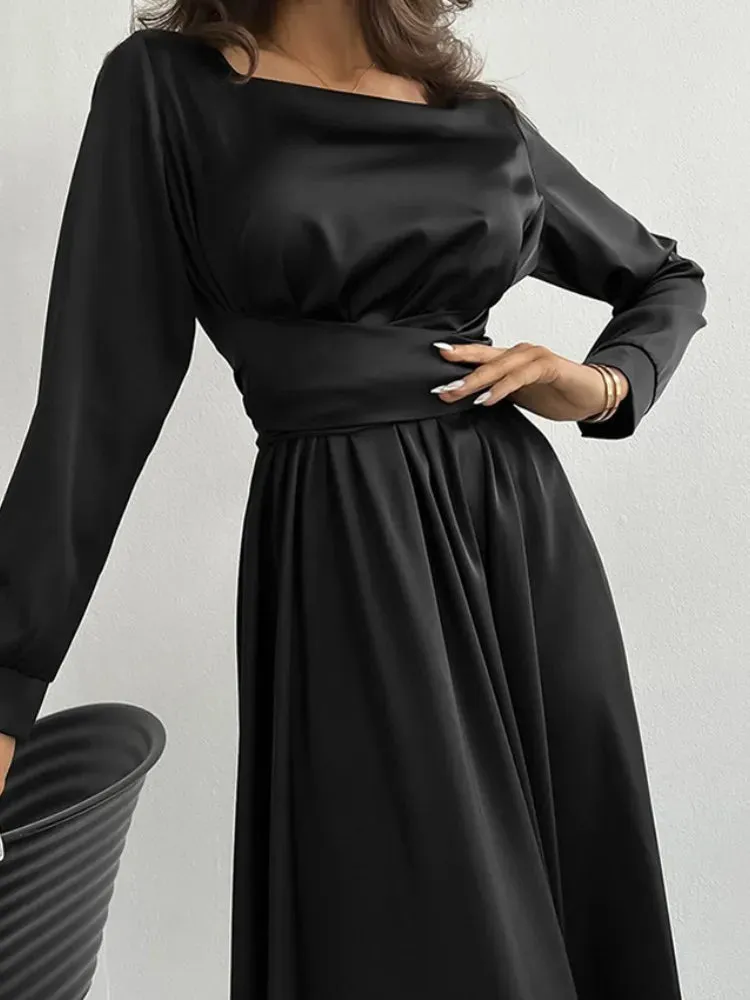 Advbridge Summer Long Solid Black Dress Hepburn Style Vestidos De Mujer Temperament Women Clothing Square Neck Satin Waist Bow Long Sleeve