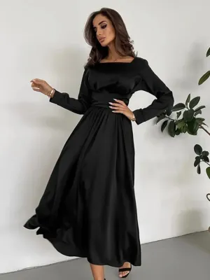 Advbridge Summer Long Solid Black Dress Hepburn Style Vestidos De Mujer Temperament Women Clothing Square Neck Satin Waist Bow Long Sleeve