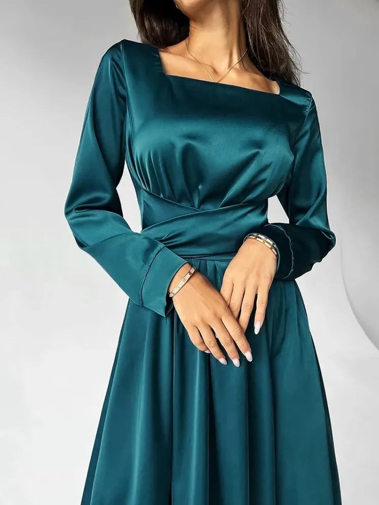 Advbridge Summer Long Solid Black Dress Hepburn Style Vestidos De Mujer Temperament Women Clothing Square Neck Satin Waist Bow Long Sleeve