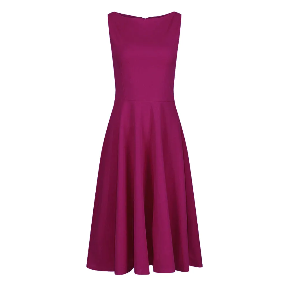 Amaranth Sleeveless Audrey Hepburn Style 50s Swing Dress