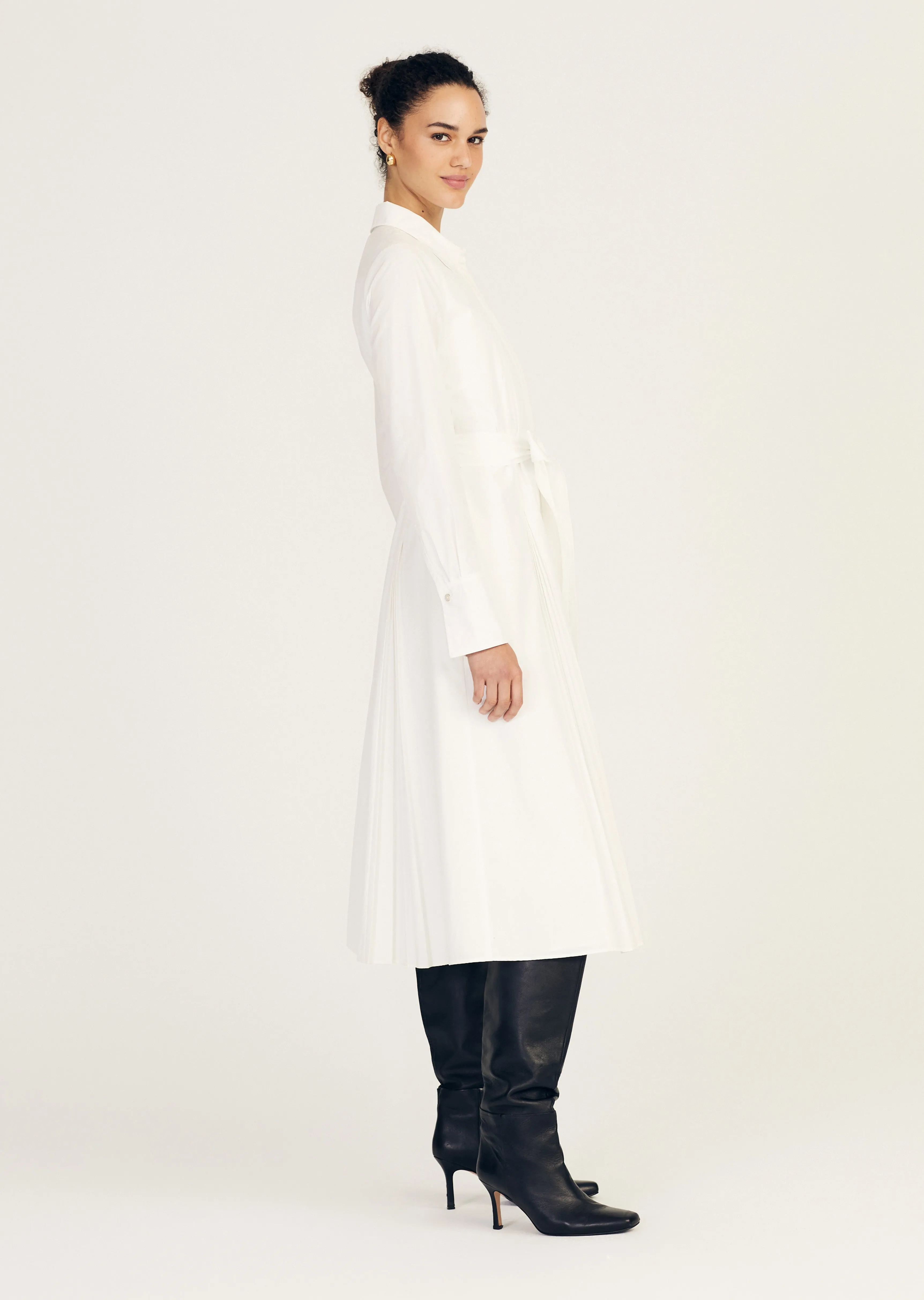 Annette Long Sleeve Pleated Shirt Dress - Soft White