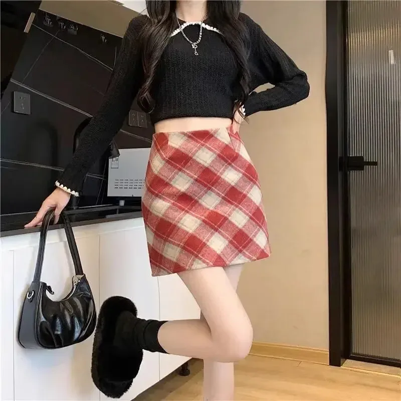 Autumn Winter Versatile Plaid Wool A-line Short Skirt