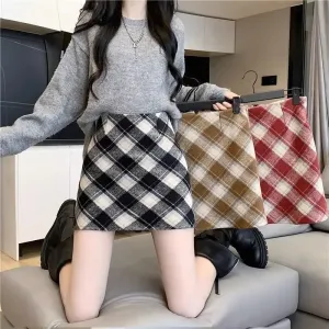 Autumn Winter Versatile Plaid Wool A-line Short Skirt