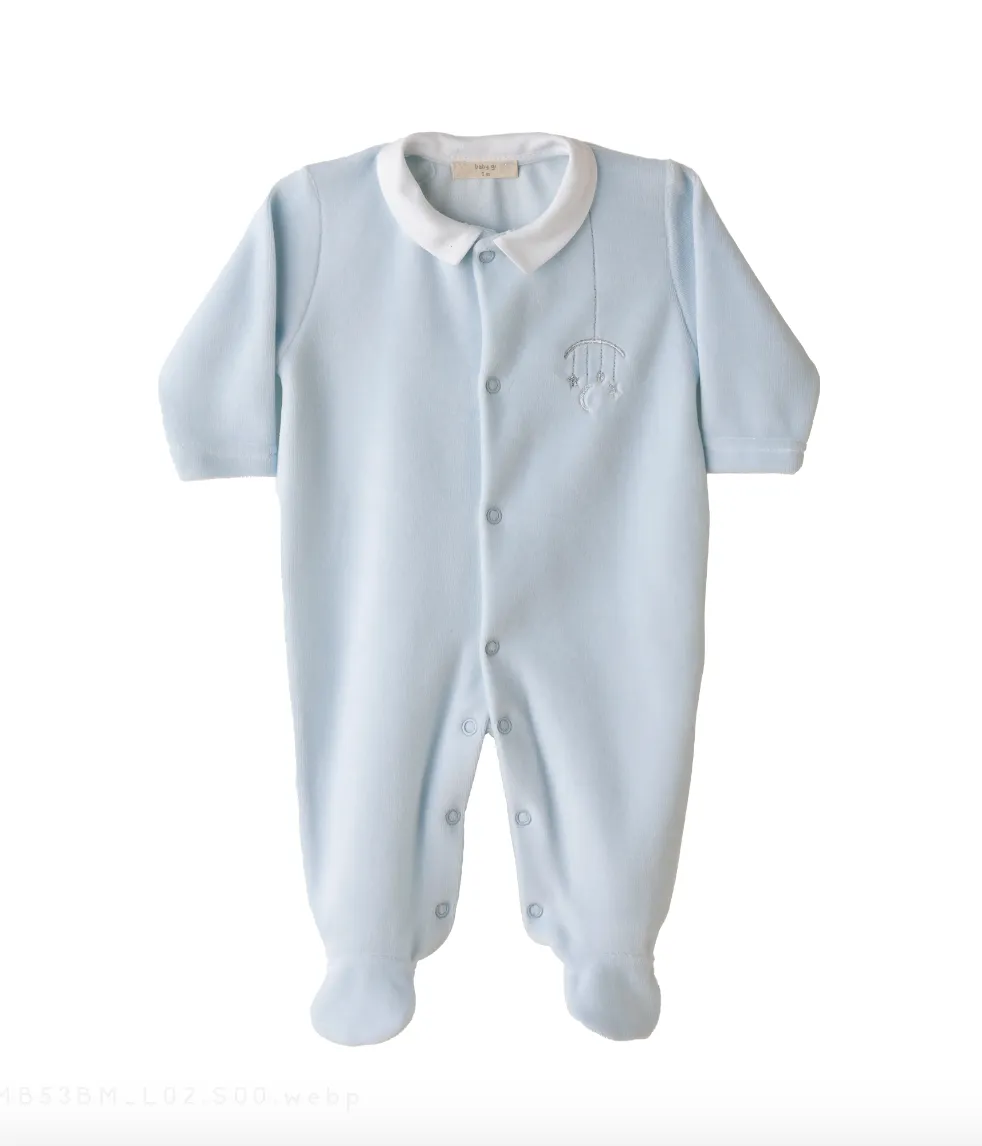 AW23 Baby Gi Baby Boys Blue Velour Moon & Stars Babygrow