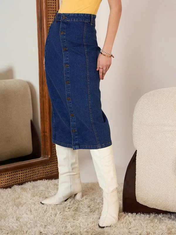 Berrylush Women Solid Blue High-Rise Waist Denim Button-Front Straight Hem Knitted Midi Skirt