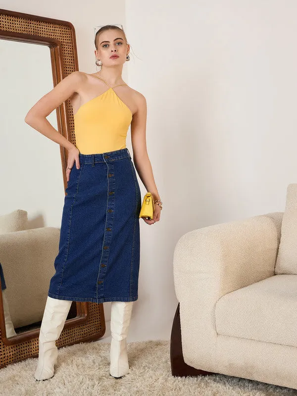 Berrylush Women Solid Blue High-Rise Waist Denim Button-Front Straight Hem Knitted Midi Skirt