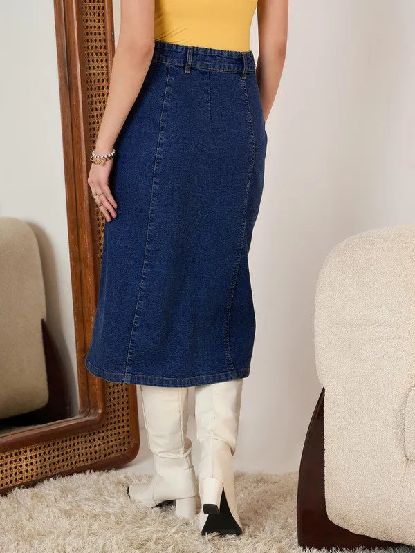 Berrylush Women Solid Blue High-Rise Waist Denim Button-Front Straight Hem Knitted Midi Skirt