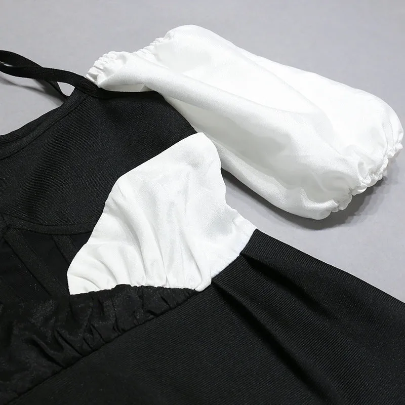 Black and White Puffy Sleeve Bandage Dress