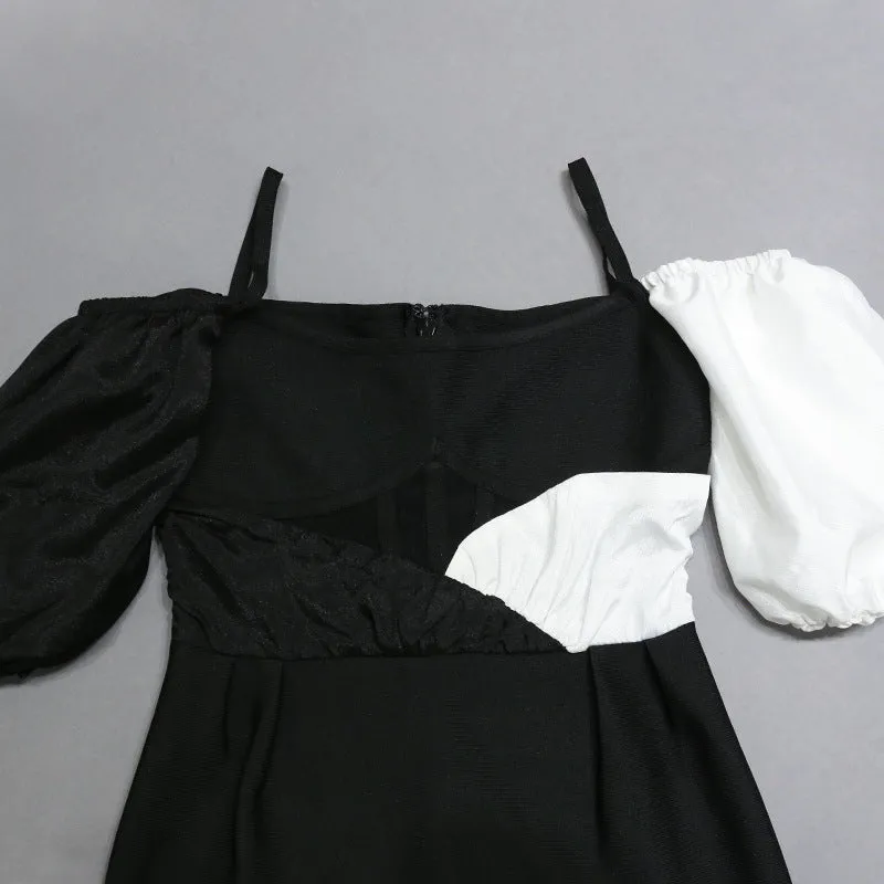 Black and White Puffy Sleeve Bandage Dress