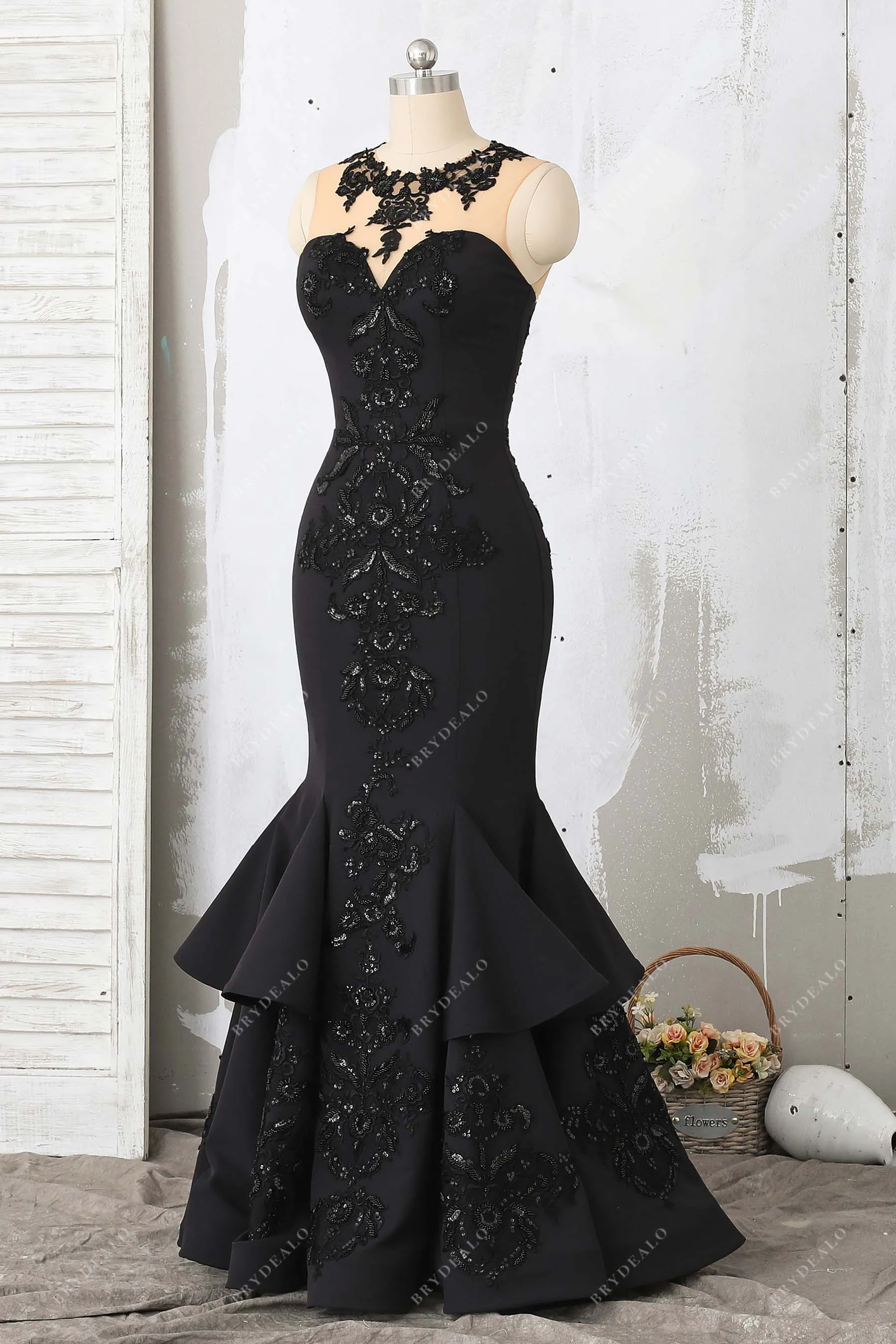 Black Beaded Lace Crepe Trumpet Godet Prom Dress