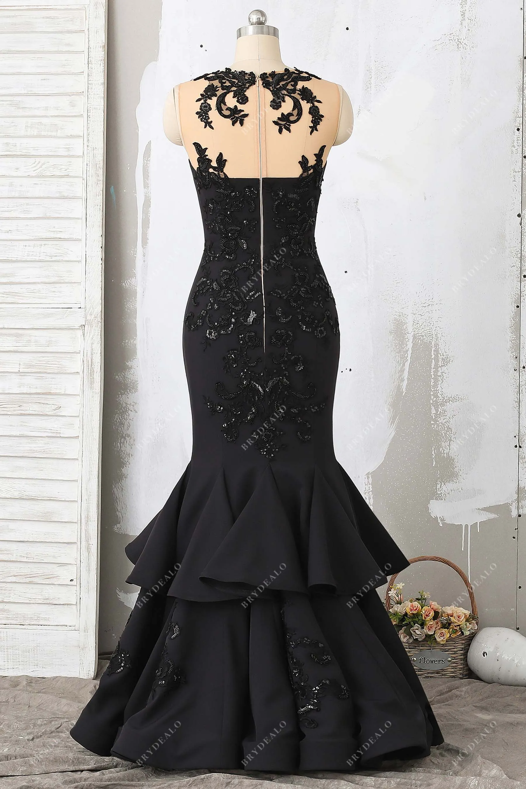 Black Beaded Lace Crepe Trumpet Godet Prom Dress