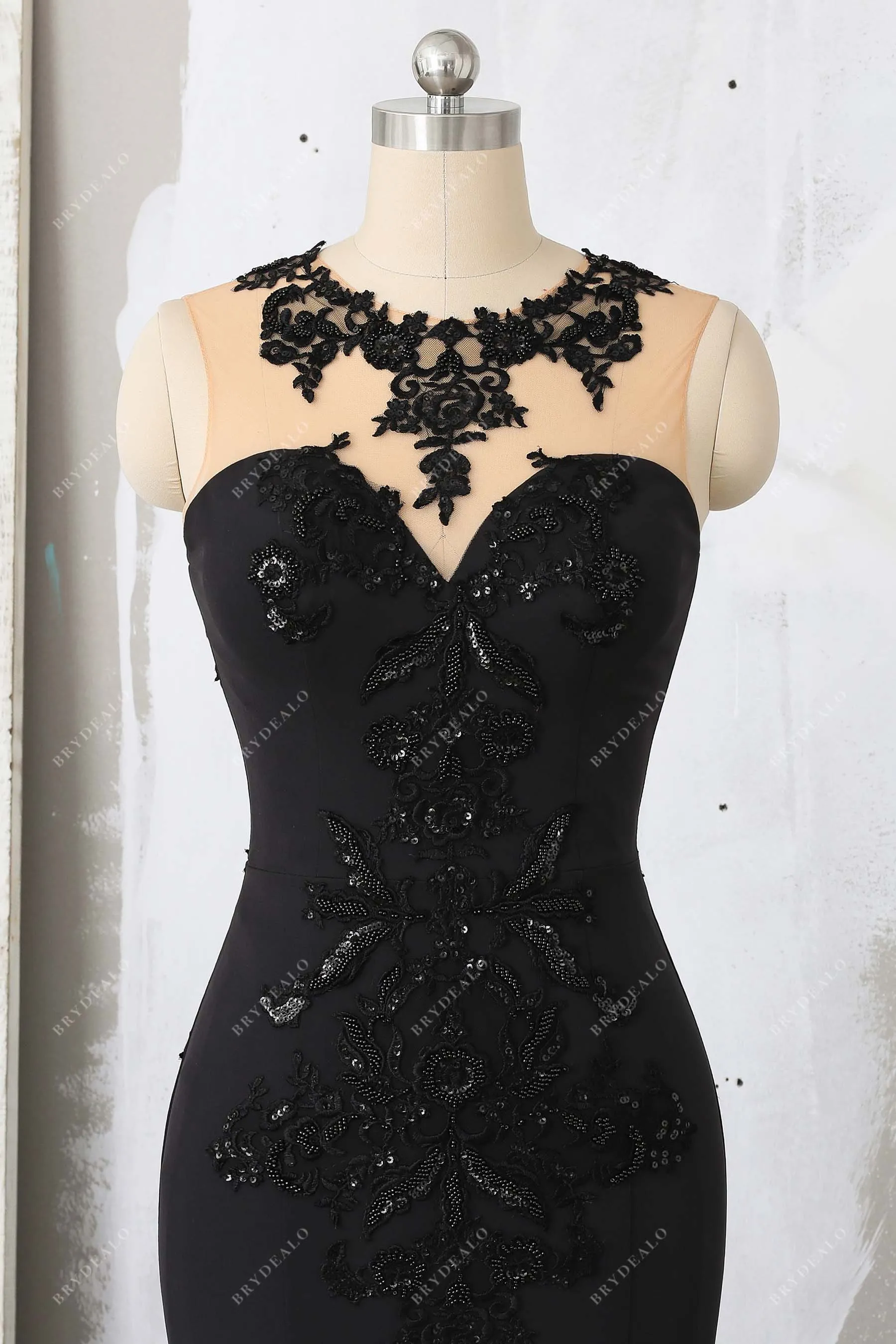 Black Beaded Lace Crepe Trumpet Godet Prom Dress