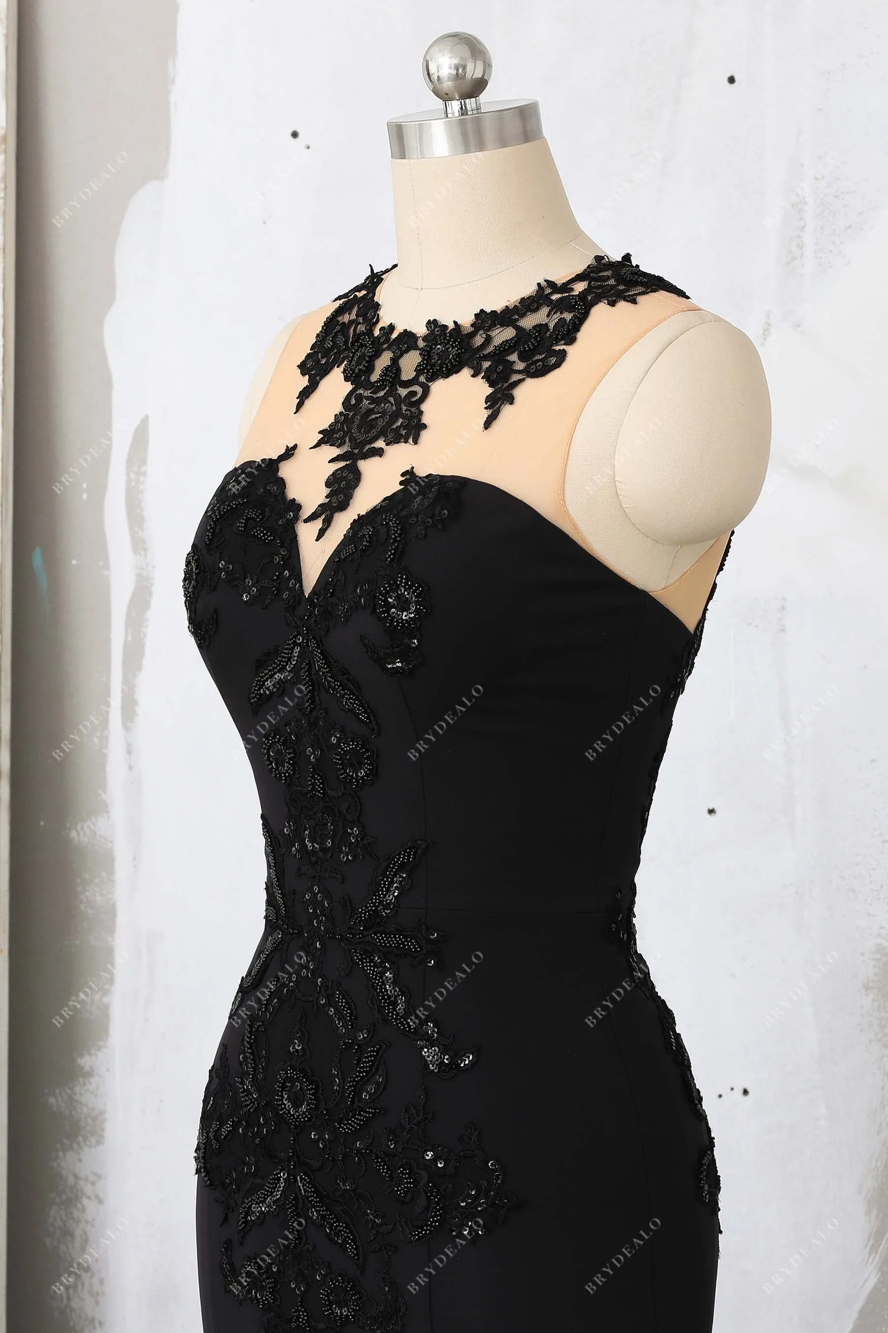 Black Beaded Lace Crepe Trumpet Godet Prom Dress