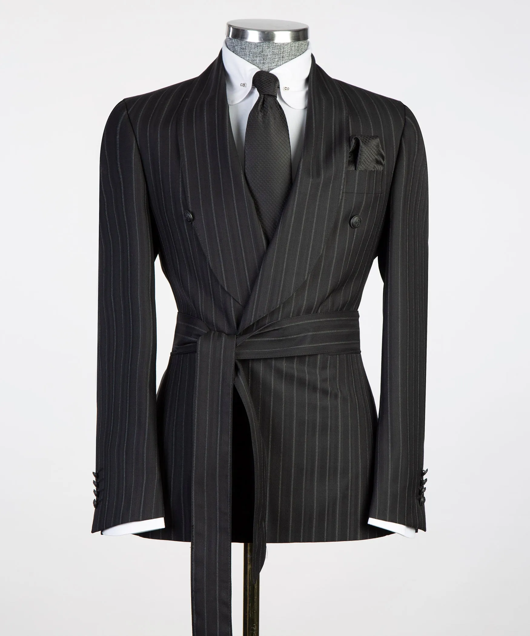 Black Pinstripe Belted Suit