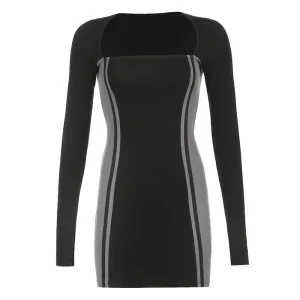 Black Teenage Fashion Square Collar Slim Dress