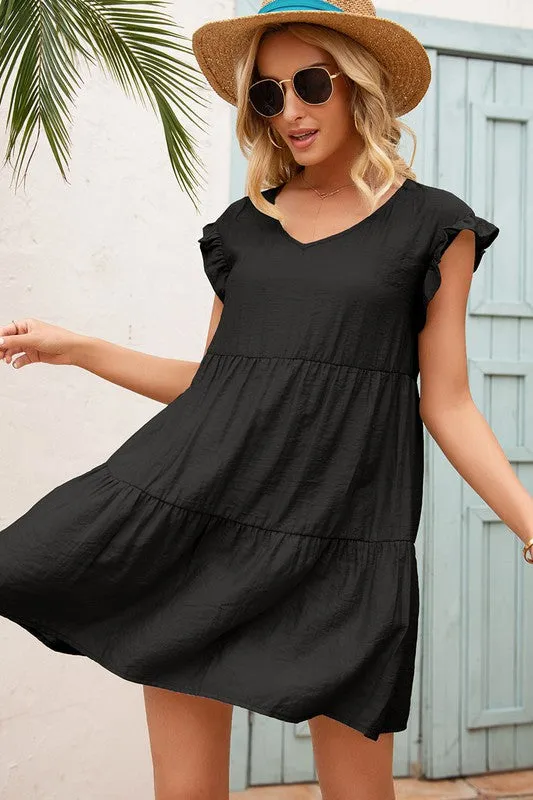 Black V-Neck Flutter Sleeve Dress