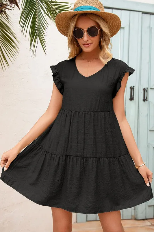 Black V-Neck Flutter Sleeve Dress