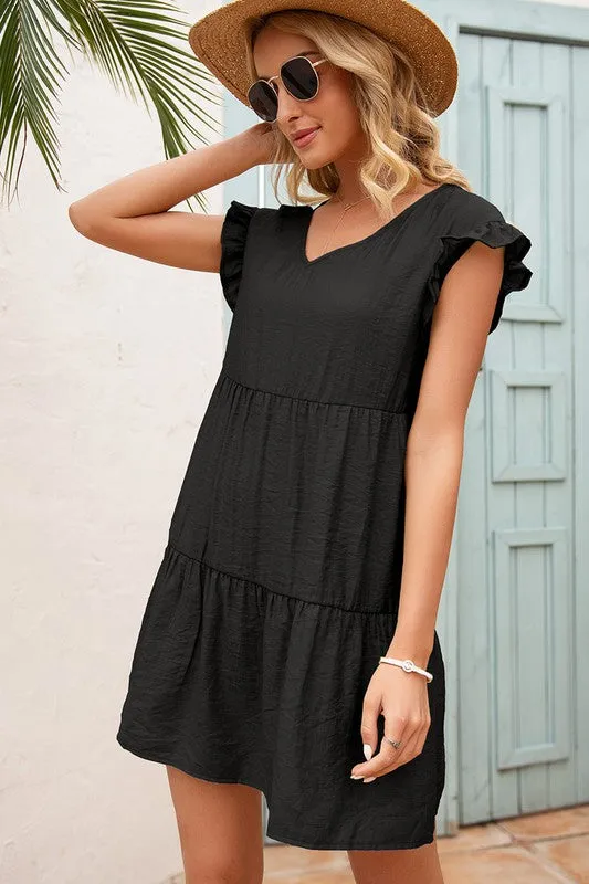 Black V-Neck Flutter Sleeve Dress