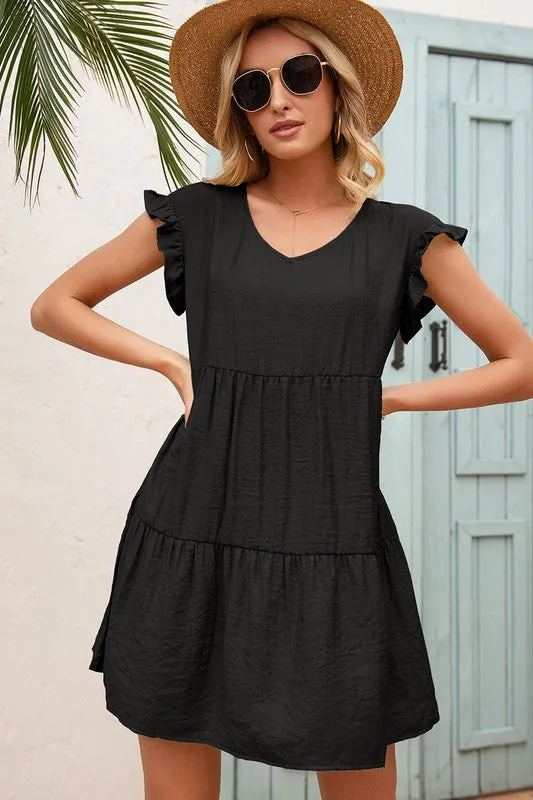 Black V-Neck Flutter Sleeve Dress