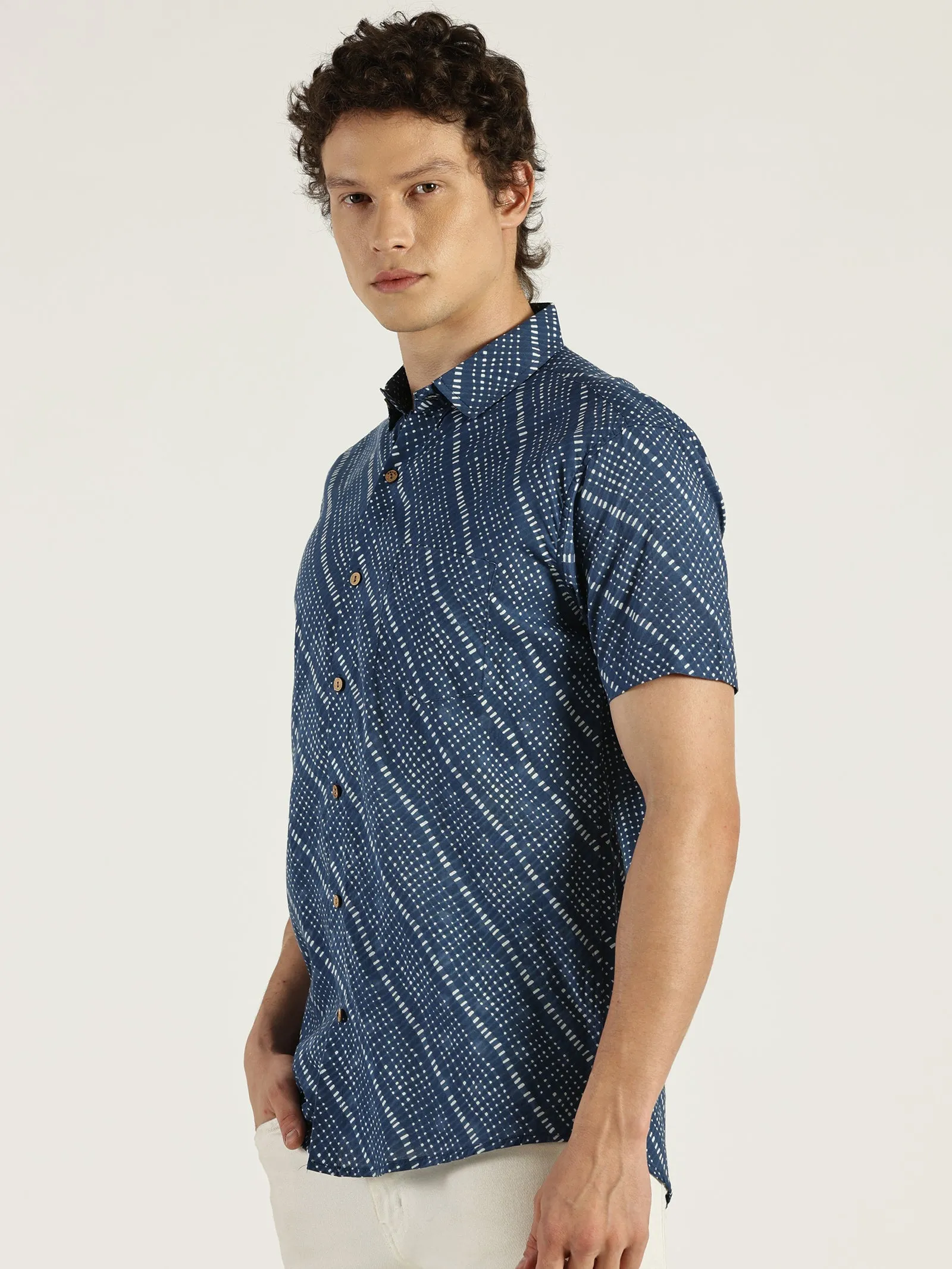 Blue Abstract Chex Printed Halfsleeves Cotton Shirt