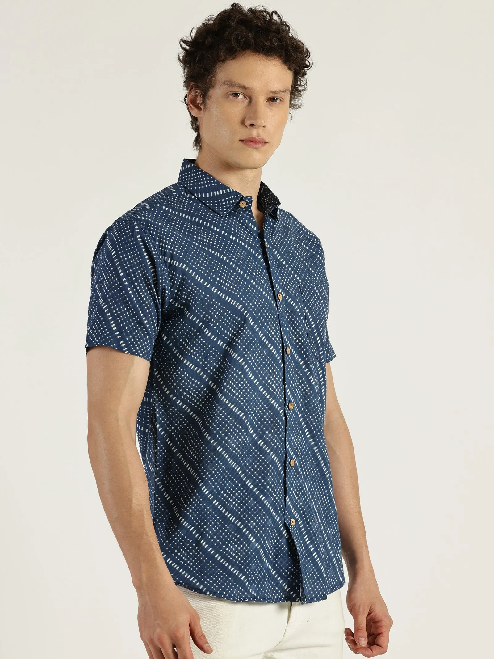 Blue Abstract Chex Printed Halfsleeves Cotton Shirt