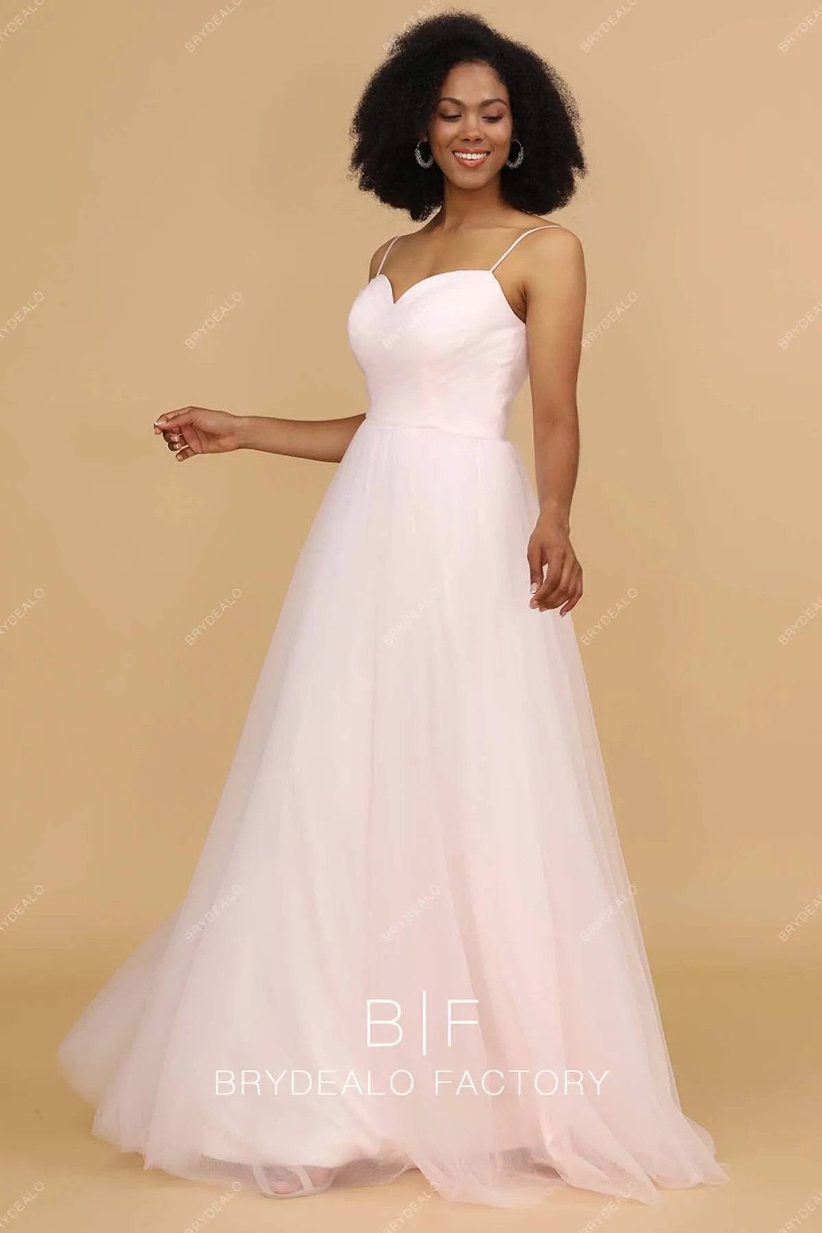 Blushing Pink Pretty Spaghetti Straps A-line Long Gown