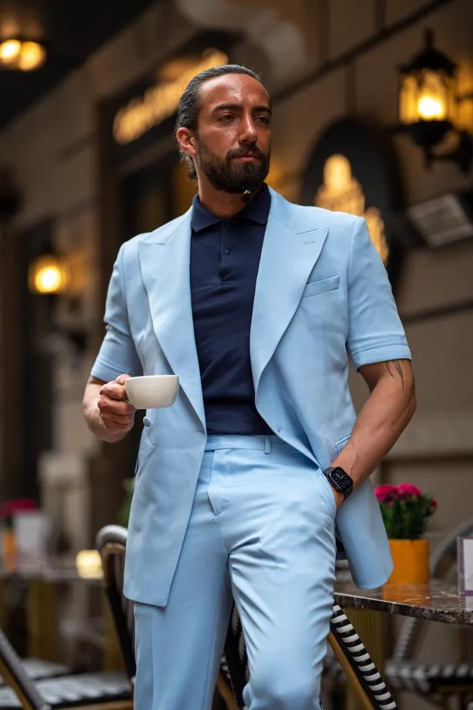 Bojoni Serra  Sky Blue Slim Fit Double Breasted Short Sleeve Suit