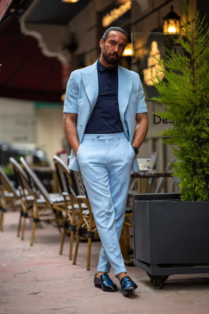 Bojoni Serra  Sky Blue Slim Fit Double Breasted Short Sleeve Suit